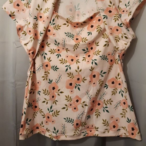 New Attached Shrug T-shirt Top L Peach Floral Green Leaves Short Cap Slv Blouse - Picture 3 of 8
